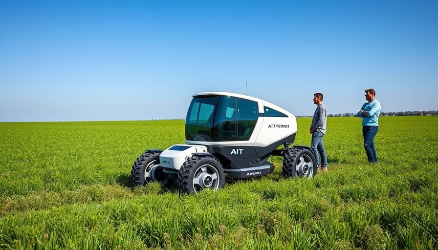 AI-driven robot in agriculture field with people observing.