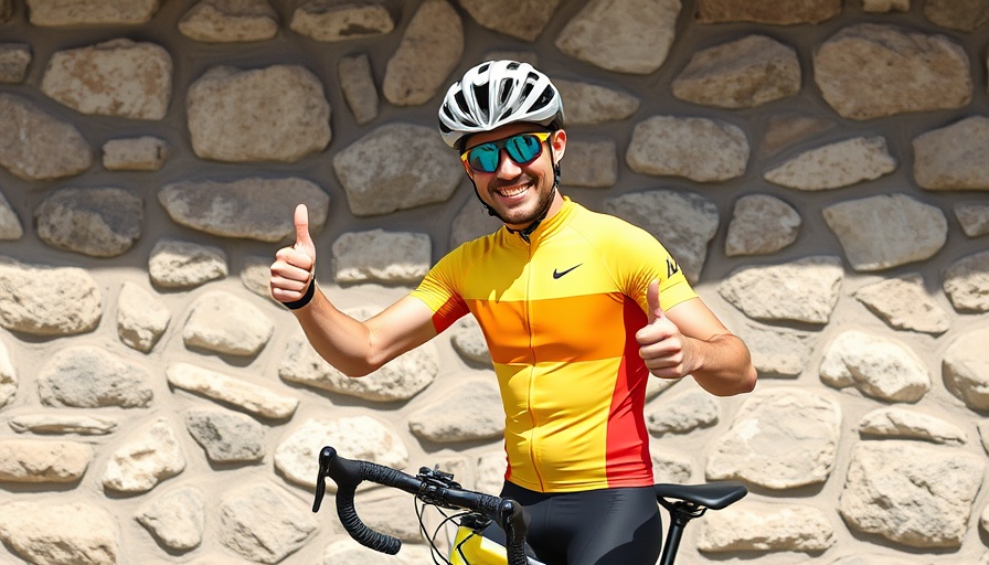 Cyclist at Tour de France giving thumbs up by stone wall.