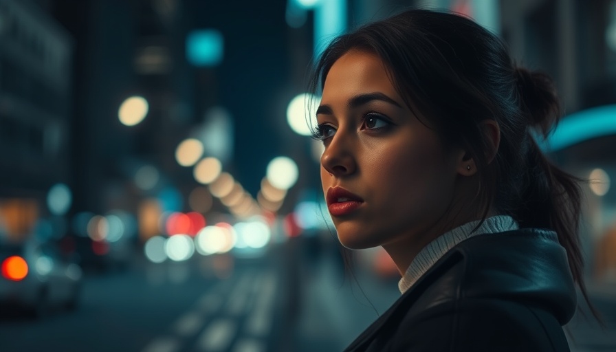Pensive woman contemplating in city night scene depicting maladaptive daydreaming.