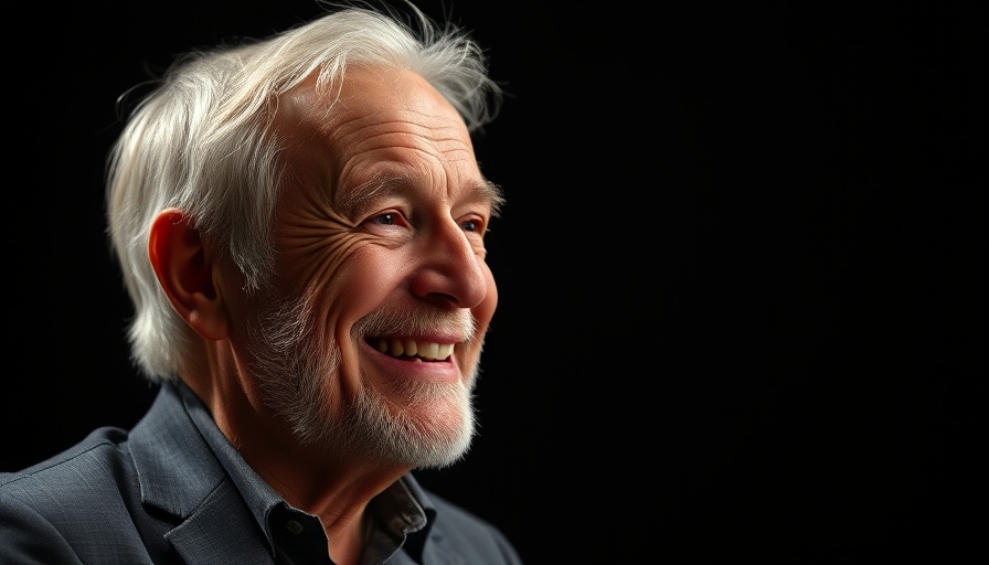 Older man smiling in a dark studio setting, engaged in conversation.
