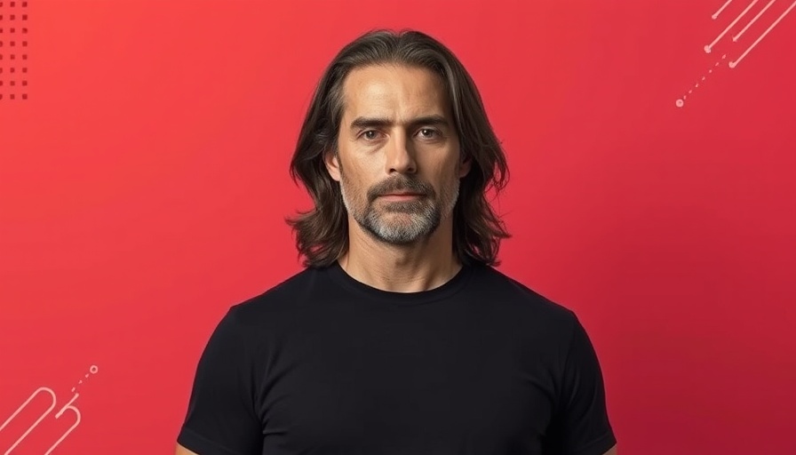 Illustrative promotional graphic featuring a confident man in black t-shirt.