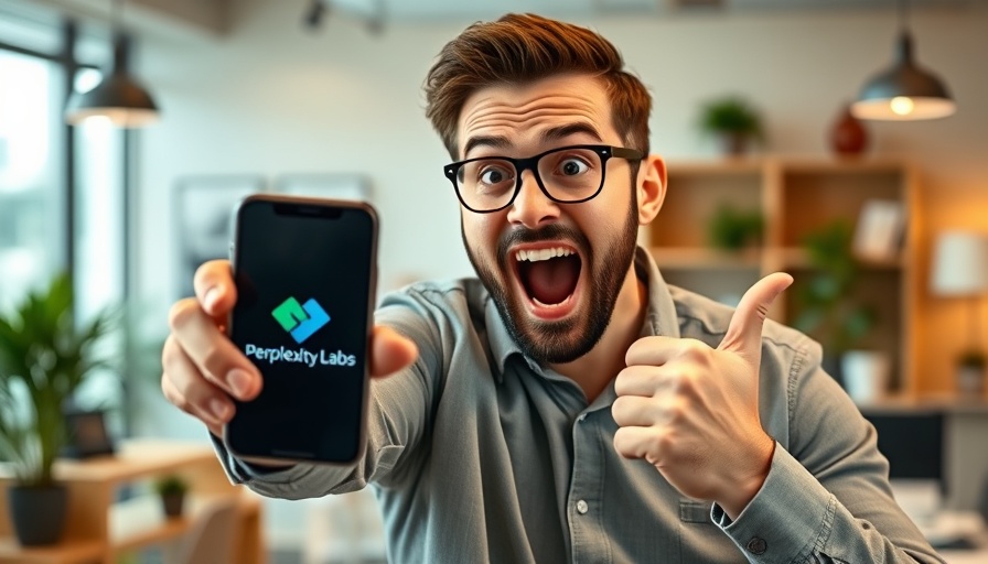 Man pointing at phone with Perplexity Labs logo, Use Cases of Perplexity Labs.