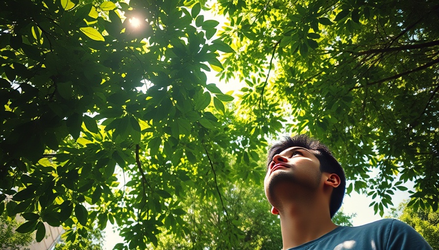Man beneath common plant foliage, sunlight filters through greenery.
