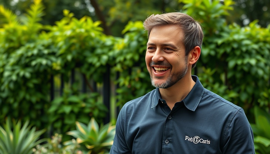 Smiling man wearing Case Medinsurance shirt in lush garden setting.