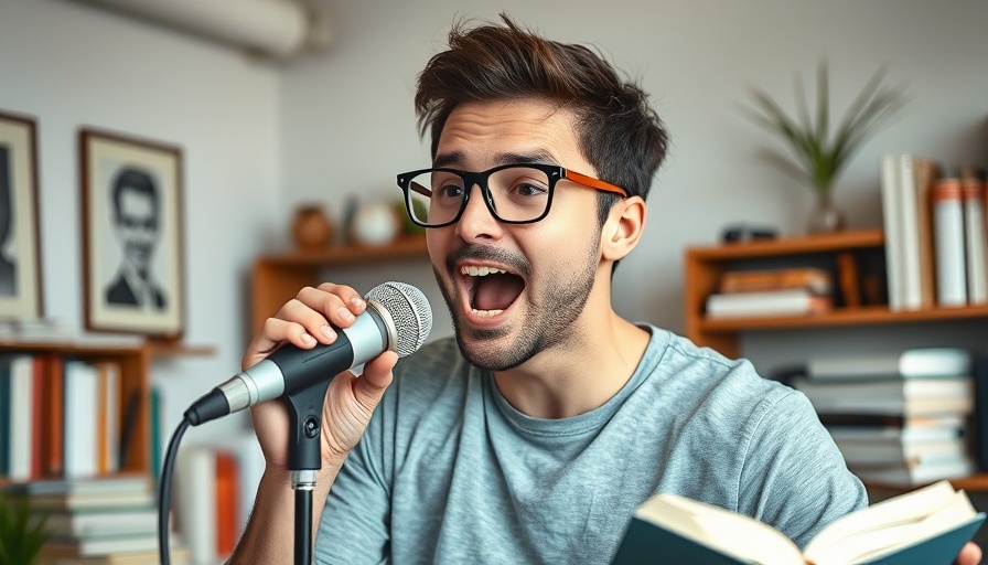 Young man discussing productivity with books and microphone.