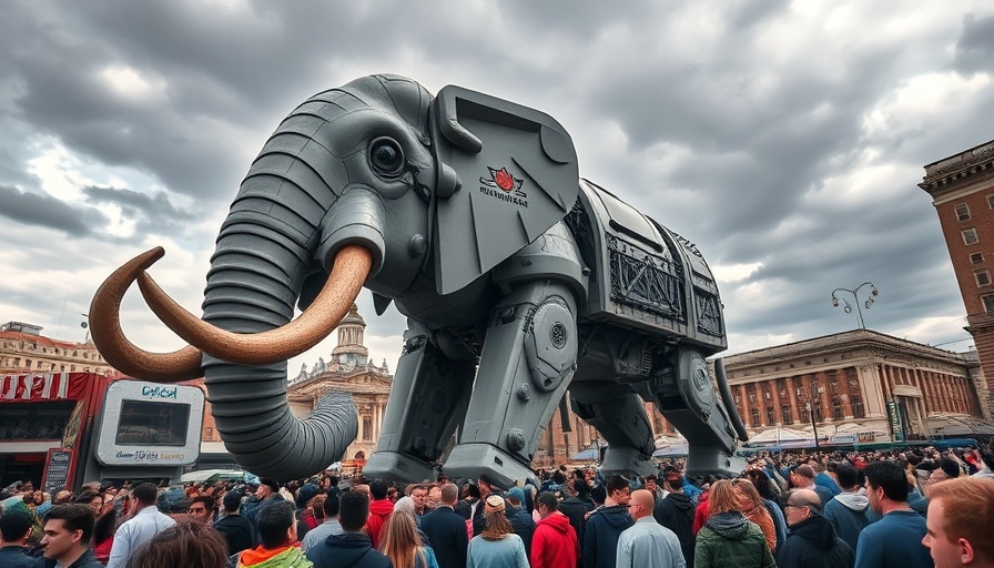 Giant mechanical elephant in urban event setting.
