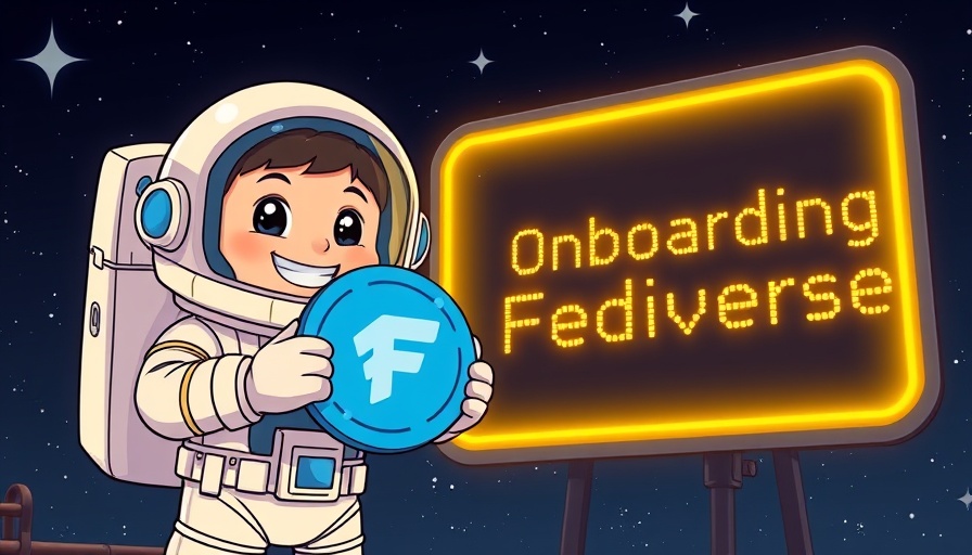 Cartoon astronaut with 'Onboarding Fediverse' sign, space theme.
