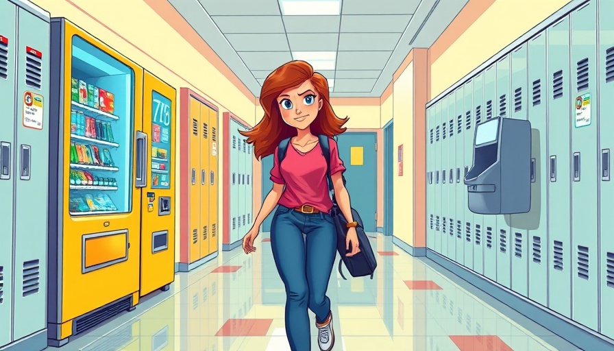 Cartoon woman choosing healthy alternatives to drug use in school hall.