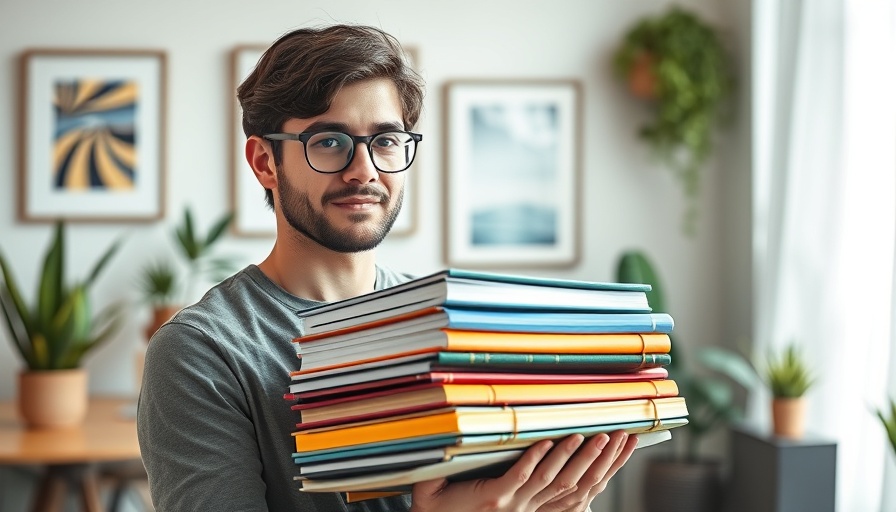 Young man holding stack of colorful journals in modern home office, achieve financial and time freedom.