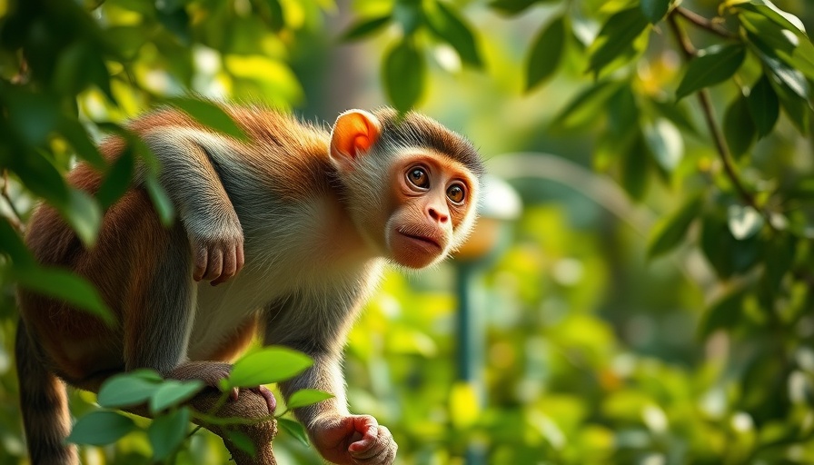 Curious monkey in tree during Rewilding Nhamacoa initiative.