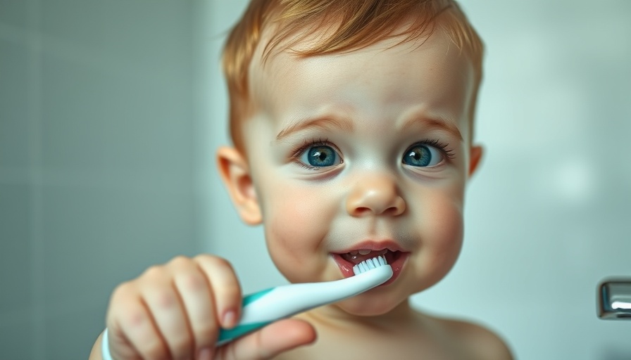 Baby brushing teeth in a warm-lit bathroom.