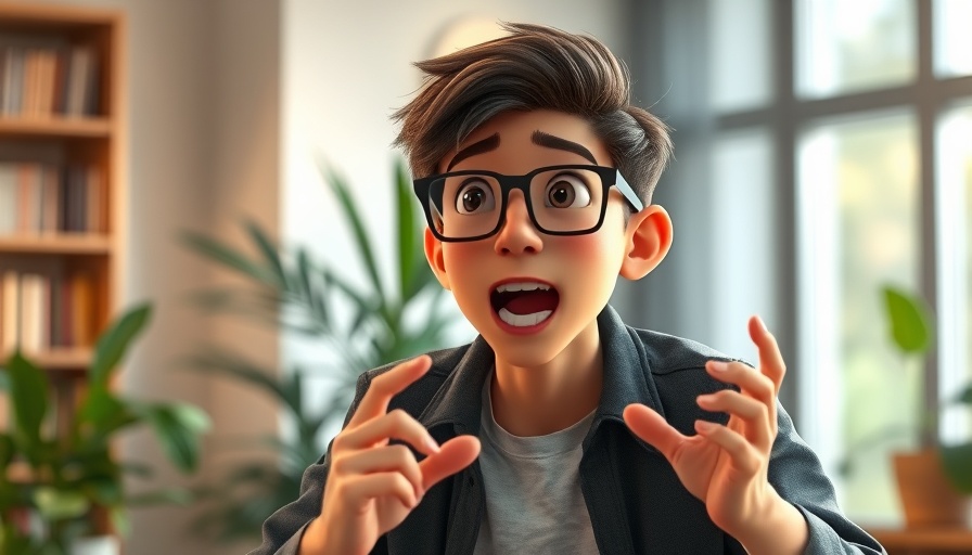 Young man discussing Harry Potter book indoors, lively expression.