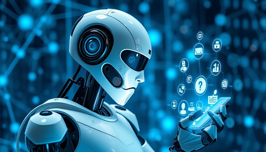 Futuristic AI robot in education with digital learning icons.