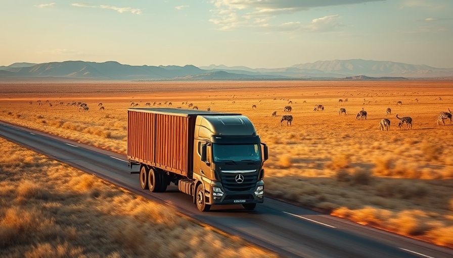 Modern truck showcasing logistics in Africa, scenic savannah drive.