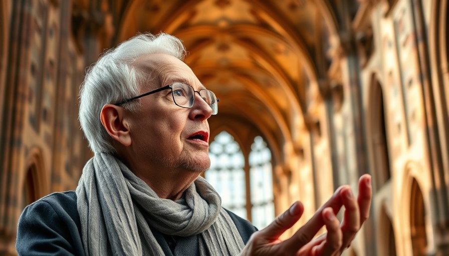 Elderly speaker discussing Notre-Dame reconstruction with cathedral backdrop.