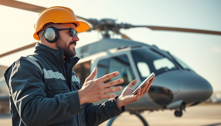 Engineer demonstrating how to repair technology near a helicopter.