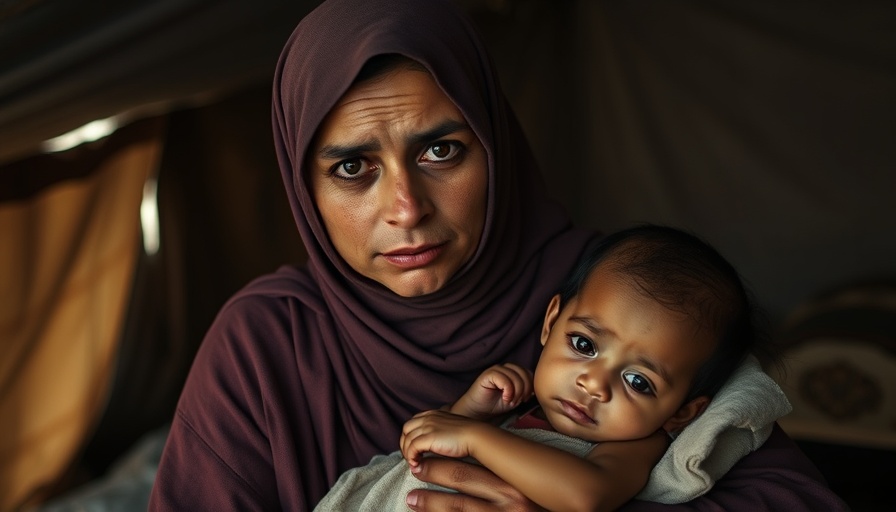 Gaza mother pleads for aid holding malnourished child in tent.