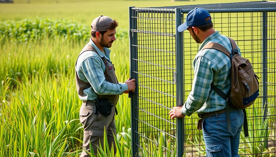 Workers inspecting wildlife enclosure in Polish field.