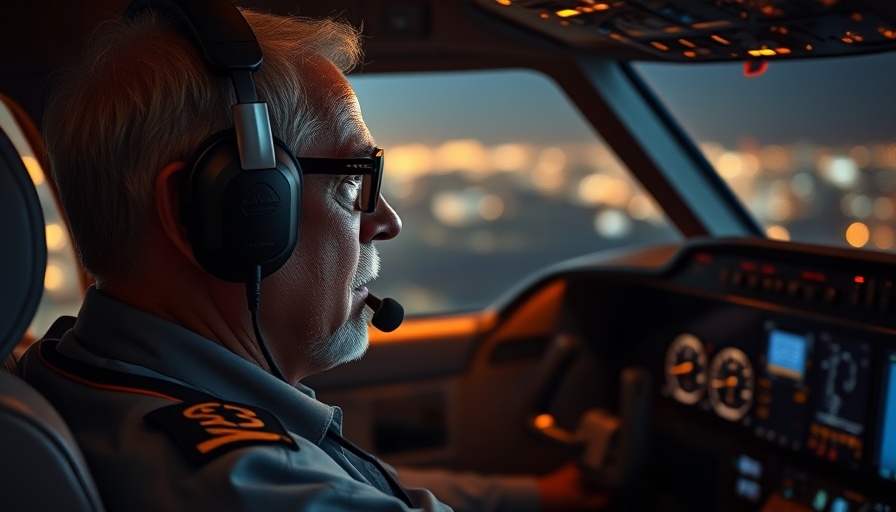 Pilot using AerAware flight safety technology in cockpit at night.