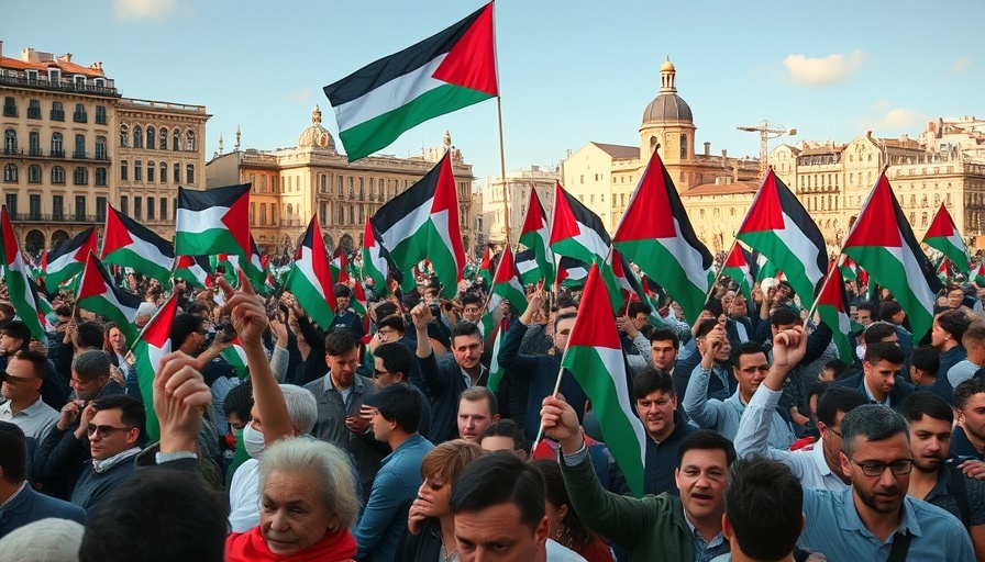 Protesters waving Palestinian flags in front of historical buildings; France recognizes Palestine impact on UK politics.