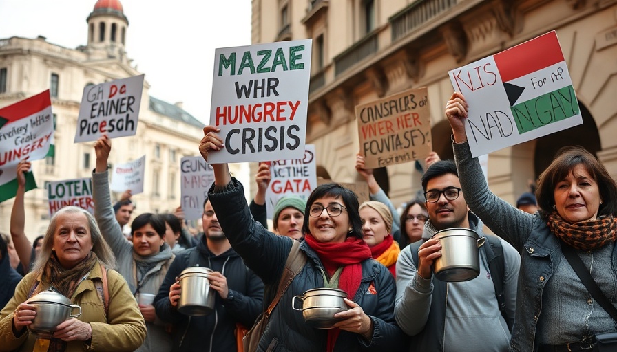 Protesters in London for Gaza hunger crisis holding signs and pots.