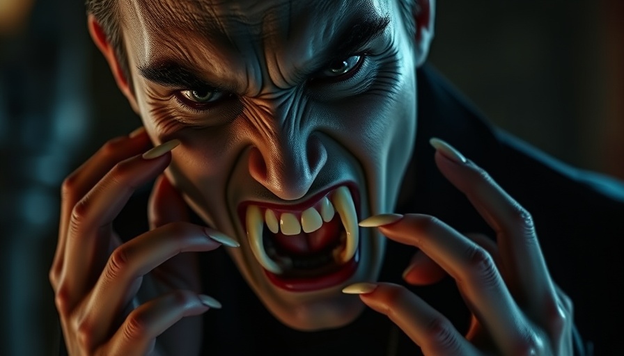 Sinister vampire character with sharp fangs in a cinematic photo.