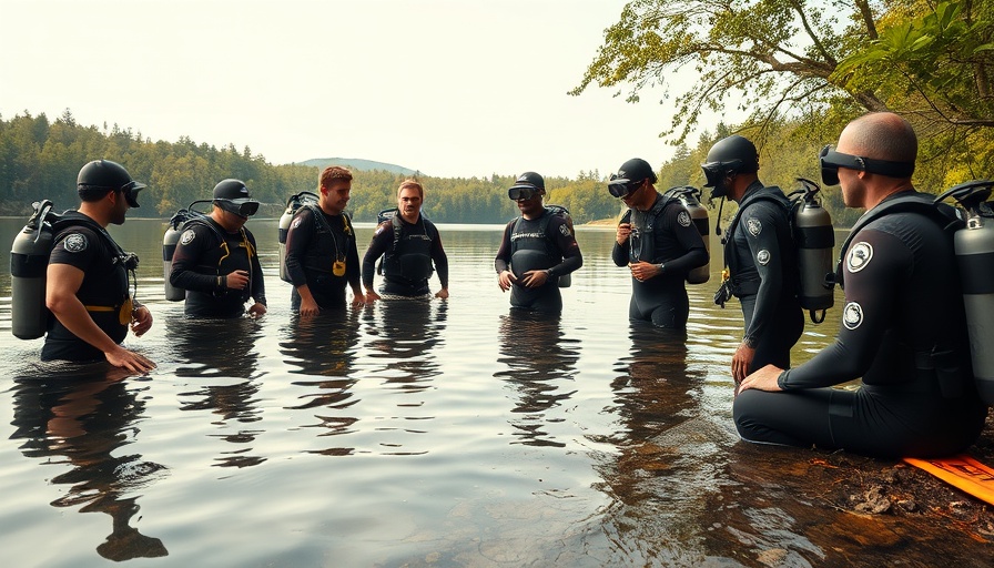 Divers discuss environmental efforts at a serene lake; Toxic Legacy of Warfare.