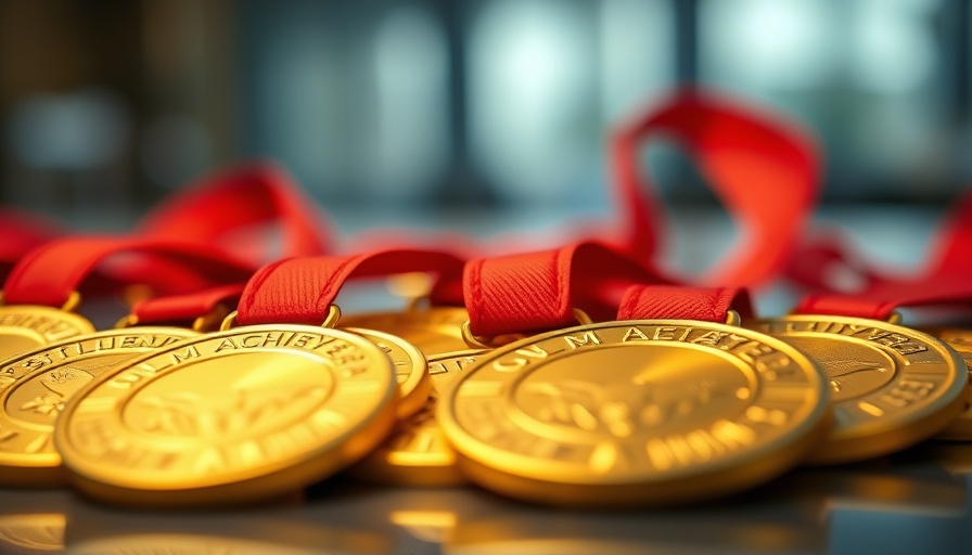 Gold medals with red ribbons symbolize math olympiad success.