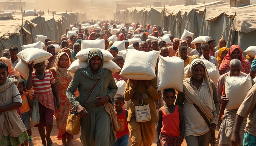 Humanitarian crisis in Gaza: people carrying aid supplies in a refugee camp.