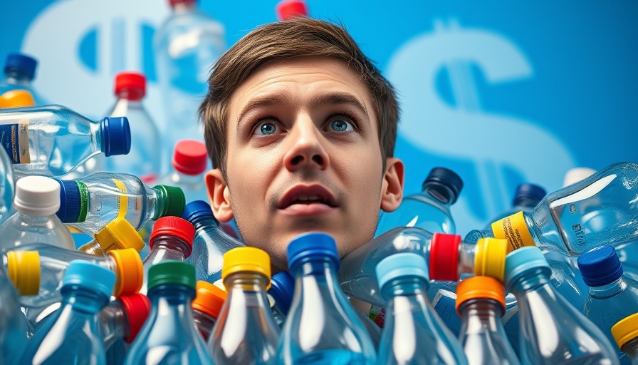 Overwhelmed man surrounded by plastic bottles, highlighting the problem with bottled water.