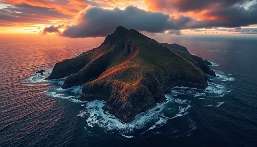 Dramatic landscape of an isolated island in ocean sunset, Pitcairn Island abuse scandal.