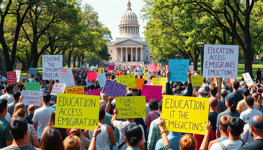 Protesters advocating education access for undocumented students with colorful signs.