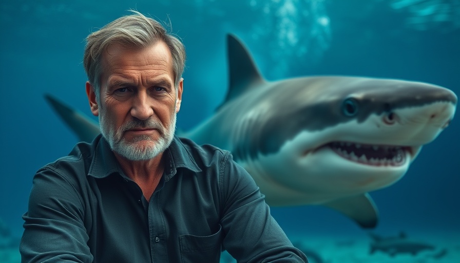 Great white shark research discussion with mature man underwater.