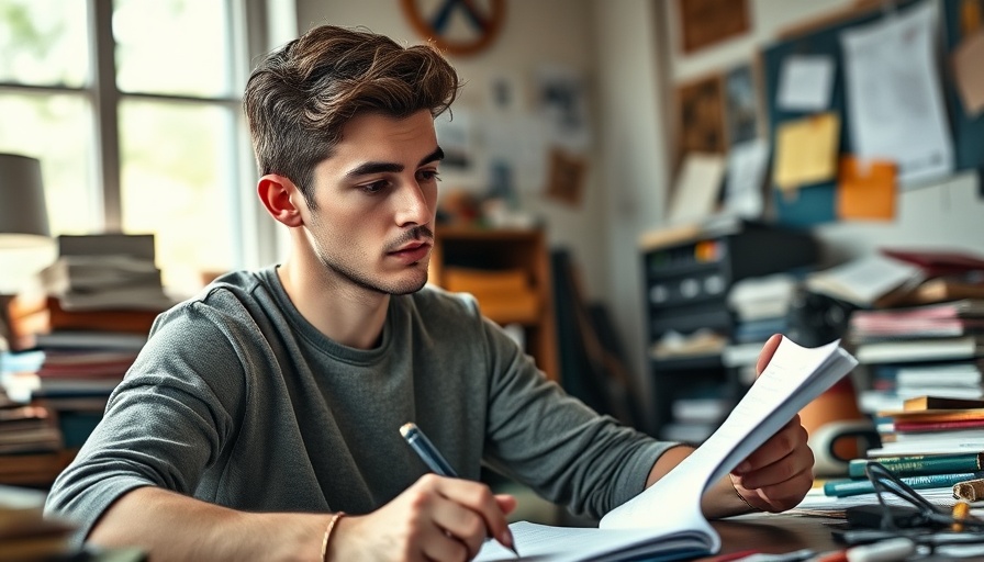 Young man improving productivity while goal setting indoors with focused planning.