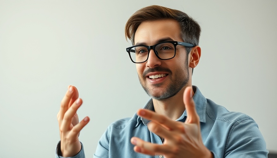 Casually dressed man discussing productivity with expressive gestures.