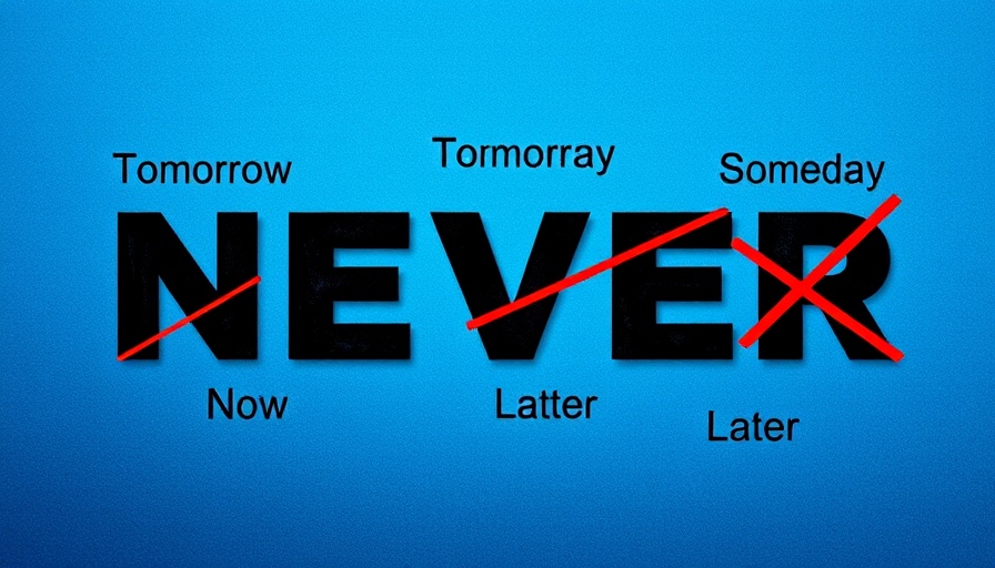 Stop Procrastinating Now motivational text with 'NEVER' and procrastination phrases.