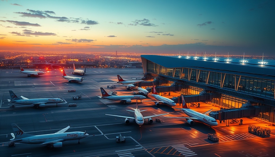 Futuristic airport terminal with planes at night, AI-enabled airports.