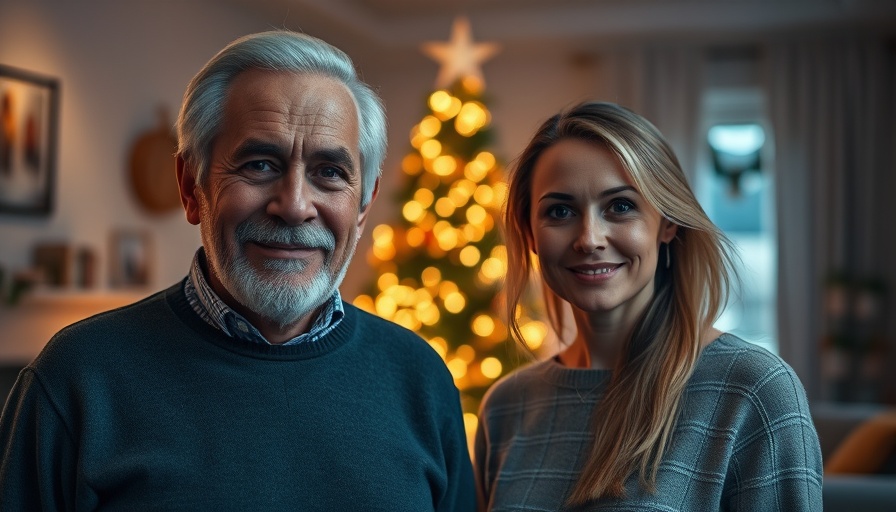 Elderly man and young woman in festive setting, AI relationships risks topic.