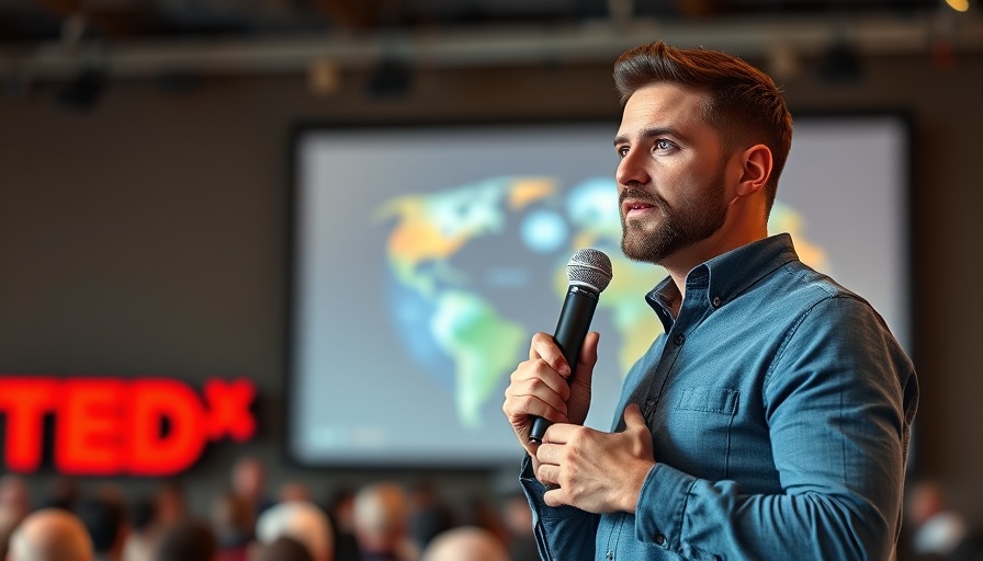 Confident speaker discussing climate solutions at TED talk related to Namibia's green industrialization.