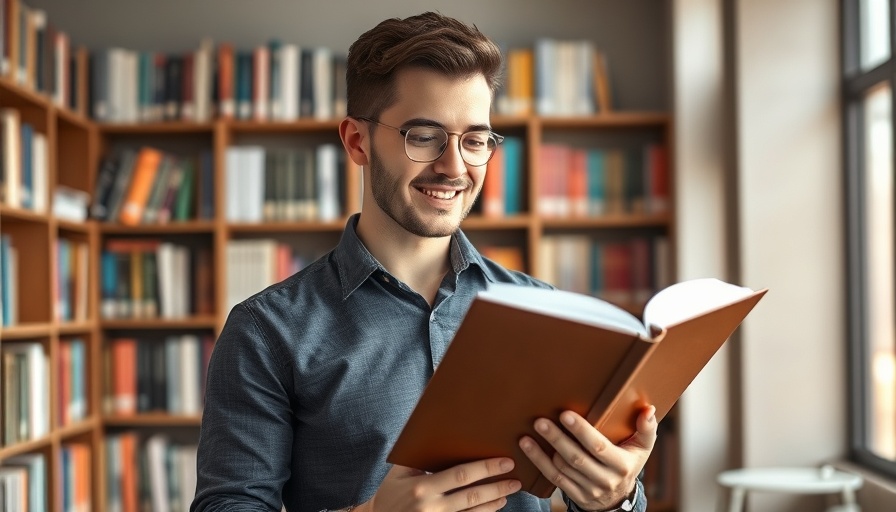 Young man discussing must-read books for business success in a study room.