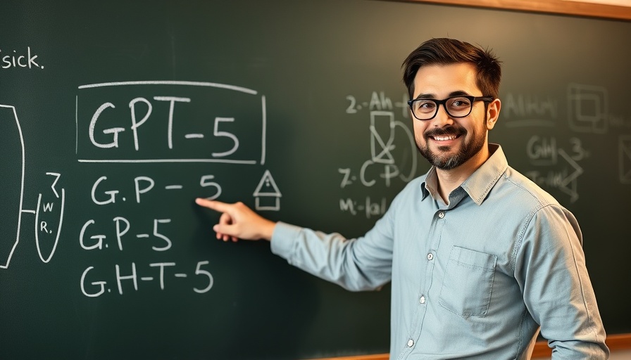 Confident instructor explaining GPT-5 AI model improvements with chalkboard.