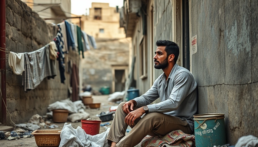 Young man in urban Gaza setting reflecting amid displacement.