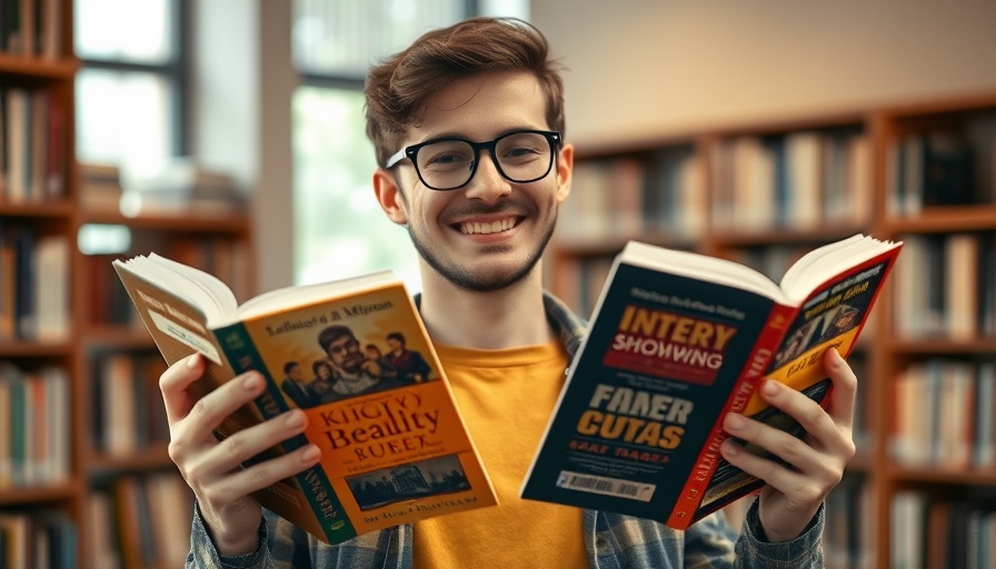 Young man holding books, smiling, discussing reading, vibrant colors, natural light.