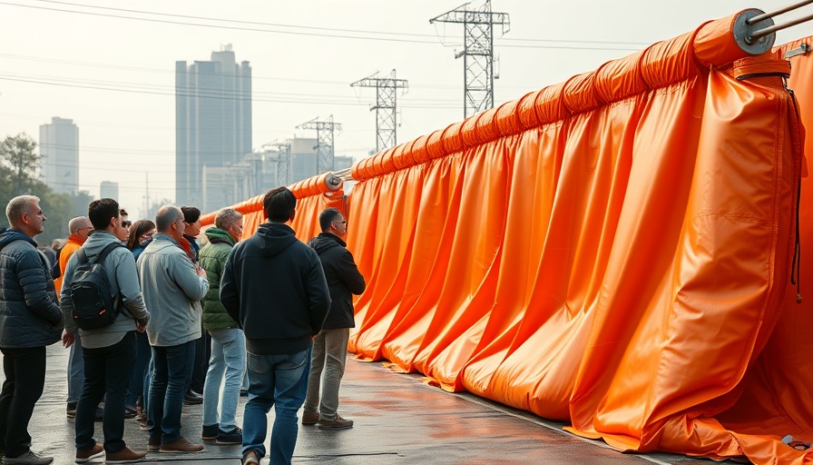 Tiger Dam flood barrier system demonstration with orange inflatable barrier.