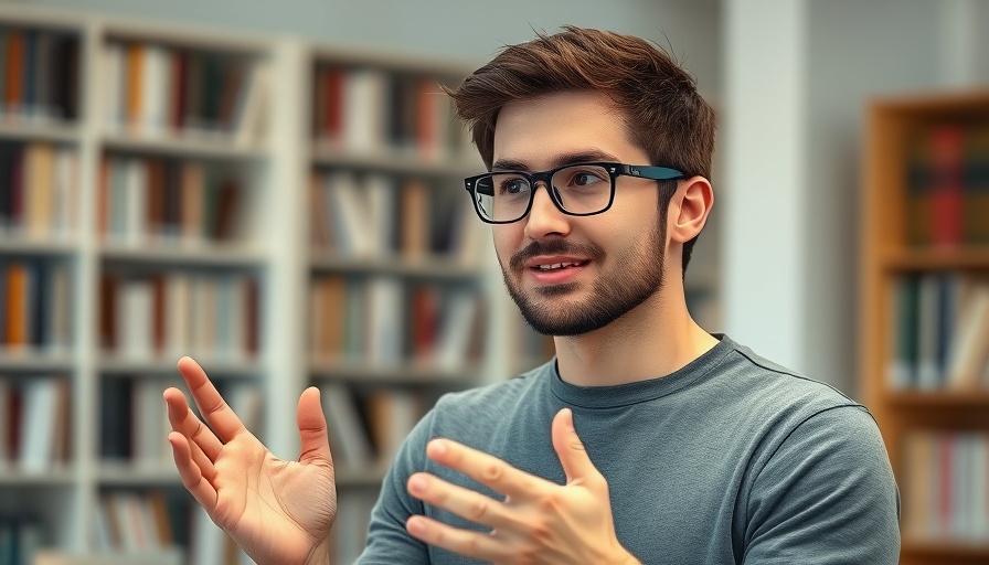 Young man discussing quality of life, gesturing confidently.