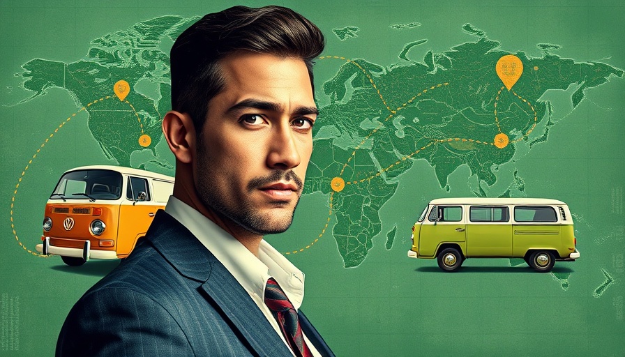 Digital art of man with world map and vans, tech sales transformation.