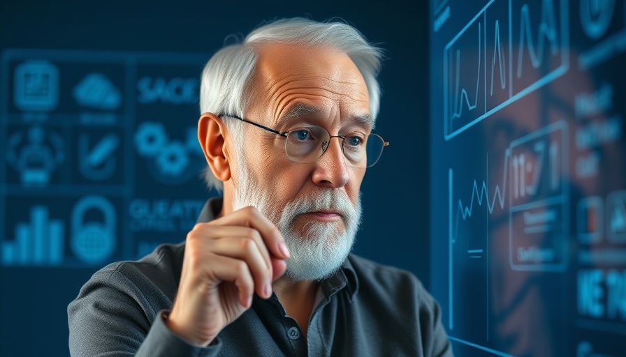 Elderly man explaining Agentic AI on digital screen, educational theme.