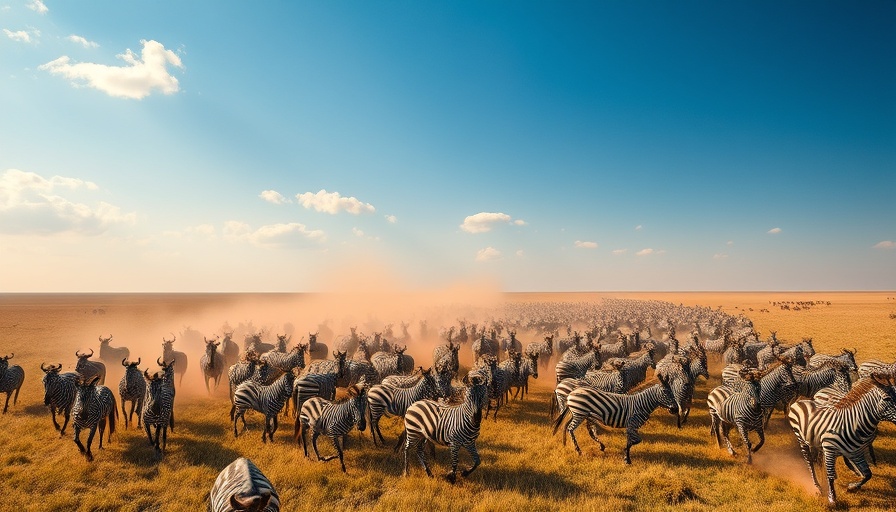 Serengeti zebras and wildebeests migrating in dust.