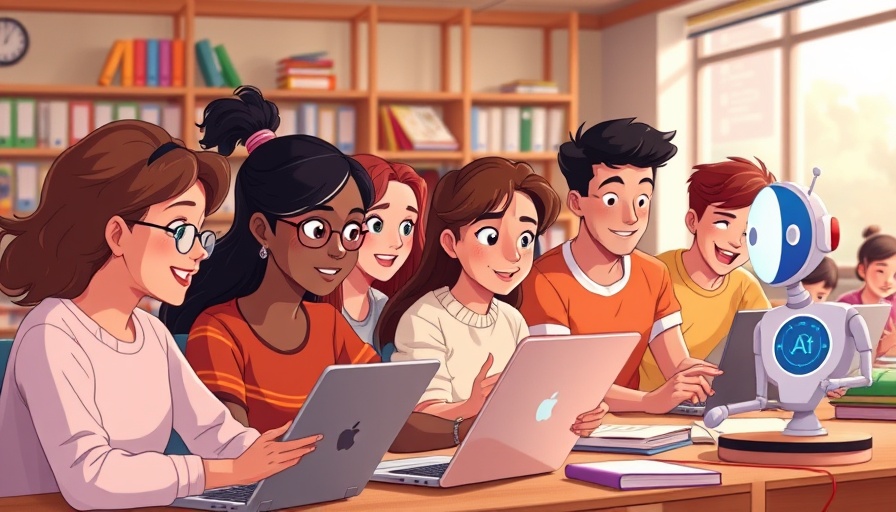 Diverse students using AI solutions in a classroom setting.