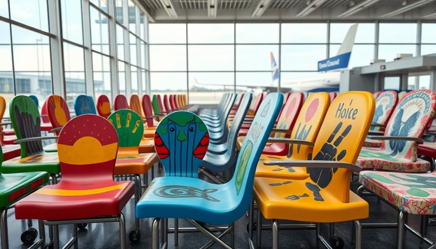 Colorful chairs at Bradley International Airport Chair Art Project.